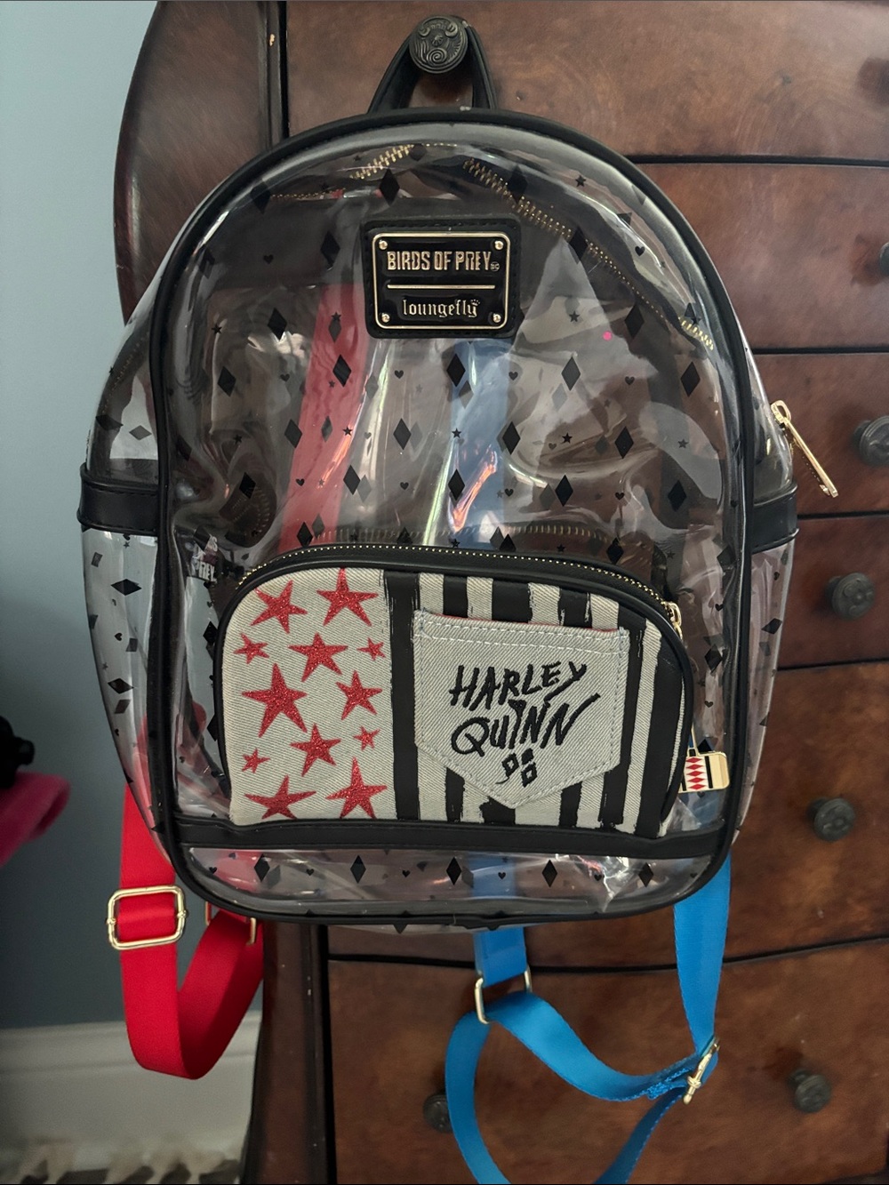 Loungefly Clear Birds of Prey Harley Quinn Mini Backpack - Red, Blue, Black